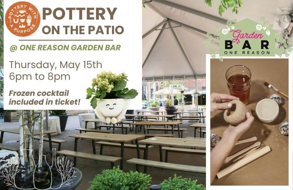 Hand pots, drinks, and benches on the patio