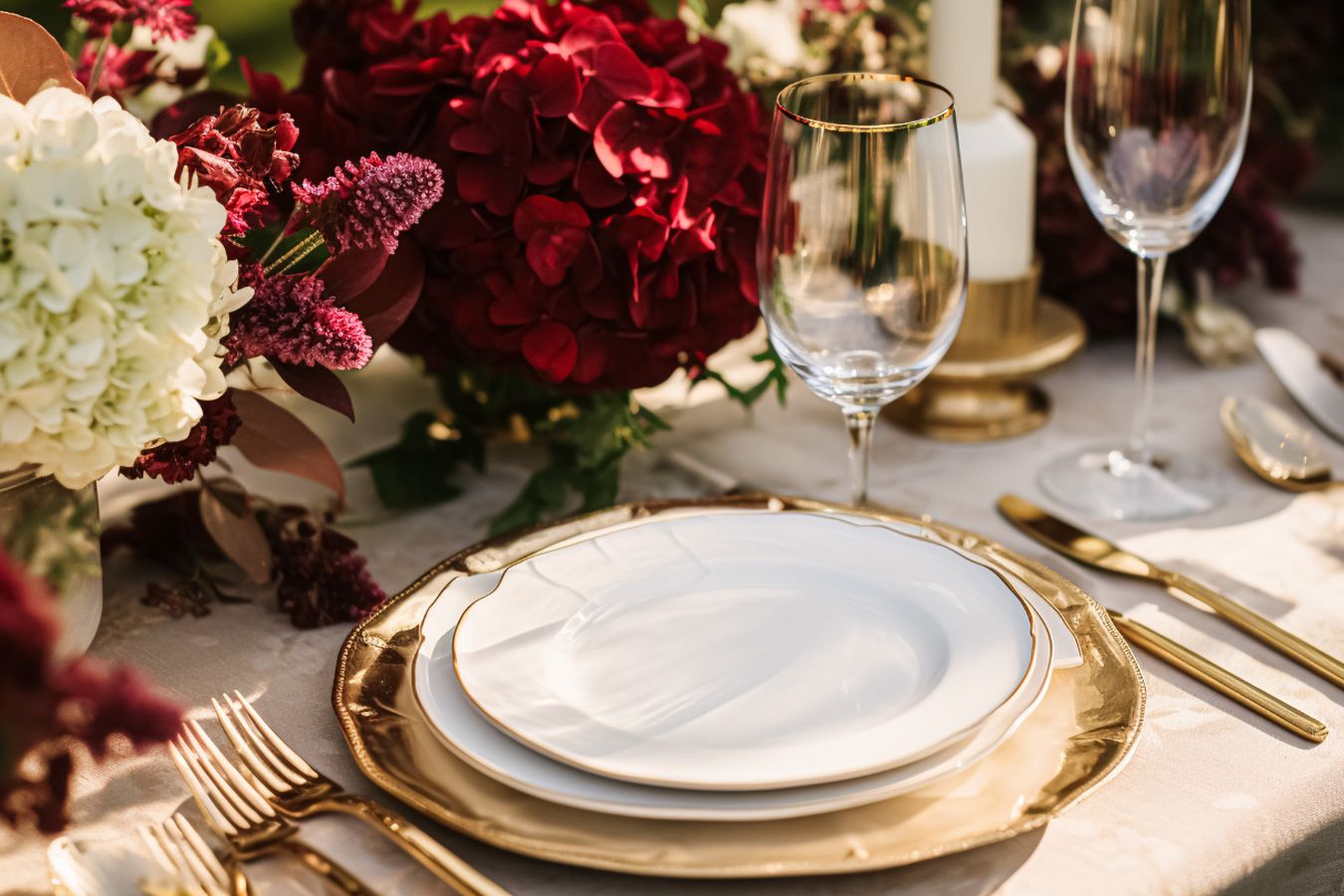 Porcelain plates with gold rimmed edge, gold utensils, and fresh white and burgundy florals