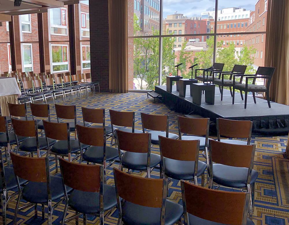 Regattabar theater setup with a stage for a panel of speakers