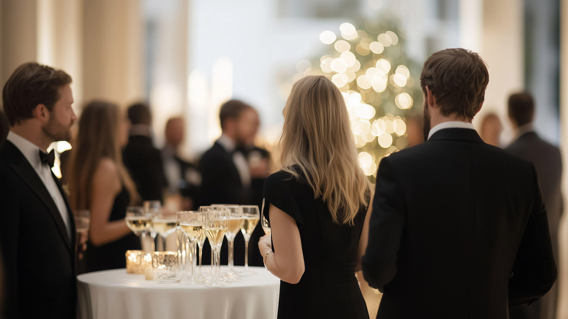 Party guests in black attire around a cocktail table with drinks