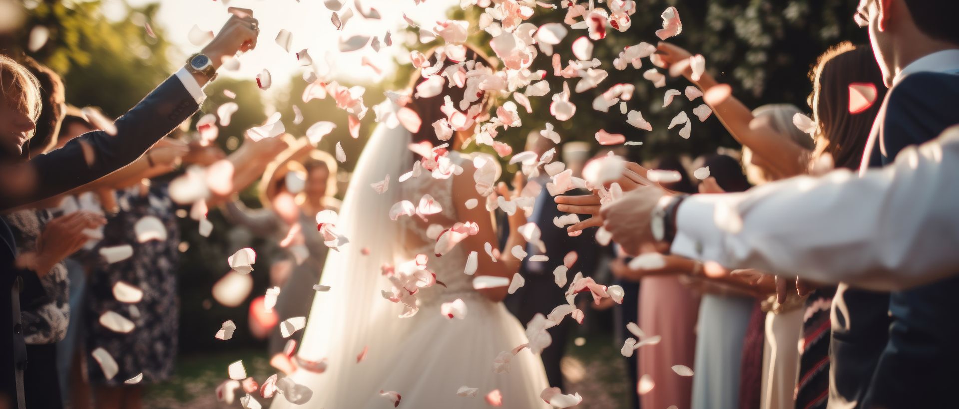 Wedding couple walking down the aisle with guests throwing flower petals